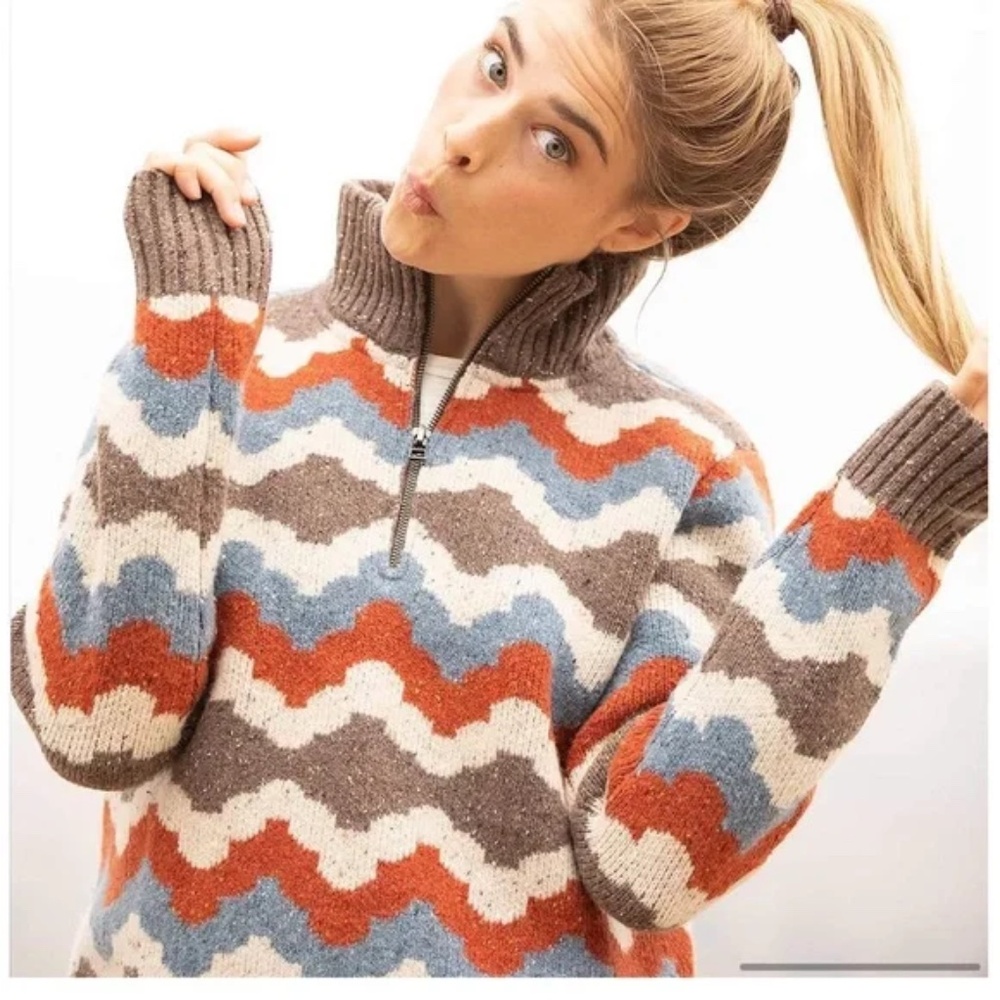 Toad&Co Rust Brown Blue Wilde 1/4 Zip Sweater Lambswool CabinCore Outdoor Size S - Picture 2 of 9